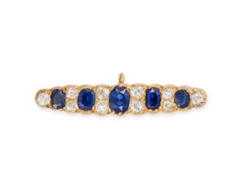 AN ANTIQUE SAPPHIRE AND DIAMOND BAR BROOCH in yellow gold, set with five cushion cut sapphires, accented by old cut diamonds,