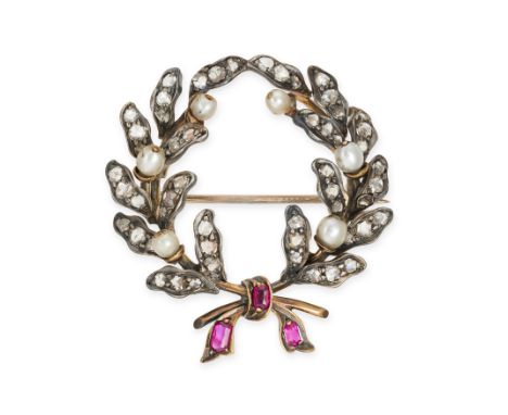 AN ANTIQUE DIAMOND, PEARL AND RUBY WREATH BROOCH in yellow gold and silver, designed as a wreath set with rose cut diamonds a