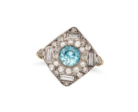 A BLUE ZIRCON AND DIAMOND DRESS RING set with a round cut blue zircon accented by round brilliant and baguette cut diamonds, 