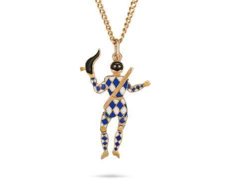 AN ENAMEL HARLEQUIN PENDANT NECKLACE the pendant designed as an articulated harlequin decorated with blue, white and black en