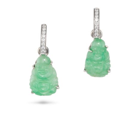 A PAIR OF JADEITE JADE AND DIAMOND BUDDHA DROP EARRINGS each comprising a hoop set with round brilliant cut diamonds suspendi