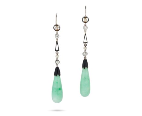 A PAIR OF JADEITE JADE, DIAMOND, PEARL AND ENAMEL DROP EARRINGS each comprising a row of round cut diamonds, seed pearls and 