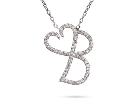 A DIAMOND B AND HEART PENDANT NECKLACE the pendant designed as a B and a heart set with round cut diamonds, suspended from a 