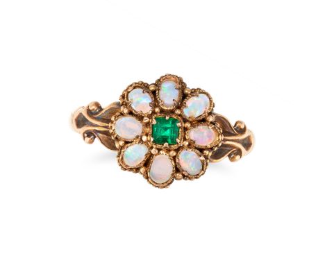 AN ANTIQUE EMERALD AND OPAL CLUSTER RING in 15ct yellow gold, set with a square step cut emerald in a cluster of oval cabocho