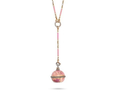 AN ANTIQUE FRENCH ENAMEL, DIAMOND AND PEARL TIMEPIECE PENDANT NECKLACE in 18ct yellow gold and silver, the chain comprising a