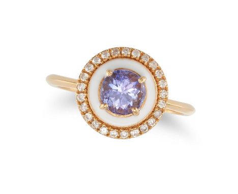 A TANZANITE, DIAMOND AND ENAMEL RING set with a round cut tanzanite in concentric borders of white enamel and round cut diamo
