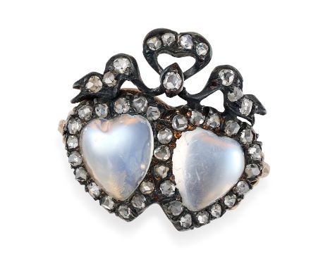 AN ANTIQUE MOONSTONE AND DIAMOND SWEETHEART RING in yellow gold and silver, set with two heart shaped cabochon moonstones in 