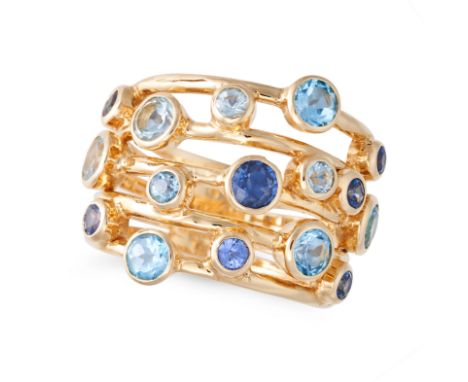 A SAPPHIRE, AQUAMARINE AND BLUE TOPAZ BUBBLE RING comprising five bands set with round cut blue sapphires, aquamarines and bl