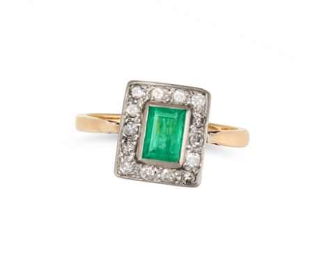 AN EMERALD AND DIAMOND DRESS RING set with a rectangular step cut emerald in a border of round cut diamonds, stamped 18CT, si