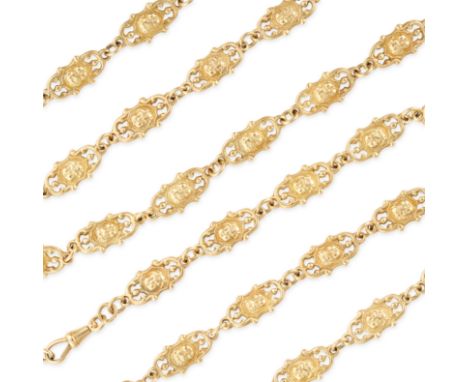 AN ANTIQUE GOLD CHAIN NECKLACE in 18ct yellow gold, comprising a row of fancy links each designed with the head of a child, s