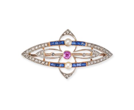 AN ANTIQUE SAPPHIRE, DIAMOND AND PEARL BROOCH in 18ct yellow gold, the navette shaped brooch set with a cushion cut pink sapp