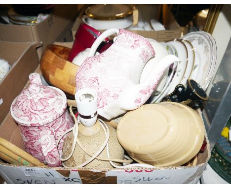 Assorted ceramics&nbsp;to include a stone pottery table lamp, glassware, wicker stick stand, a metal door stop&nbsp;modelled 