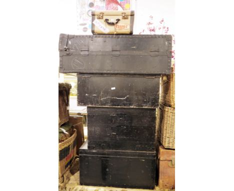Early 20th century boxes - large black metal box, 78cm long, black painted travelling trunk and two black painted wooden boxe