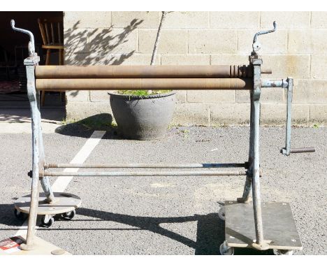 Vintage cast iron hand operated pyramid sheet metal bending rolls, stamped 49 to side, 145cm long