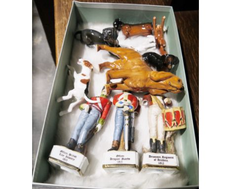 Three ceramic figures&nbsp;of soldiers from Waterloo, a Beswick model of a cocker spaniel named 'Horseshoe Primula', ceramic 
