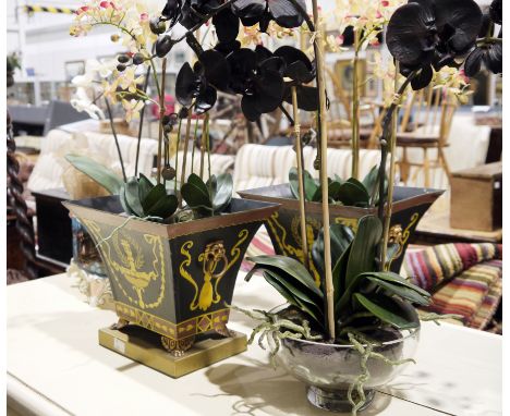 Various faux-orchids&nbsp;made by Bloom, one pair in painted metal planters, yellow Adams-style decoration on a black ground,