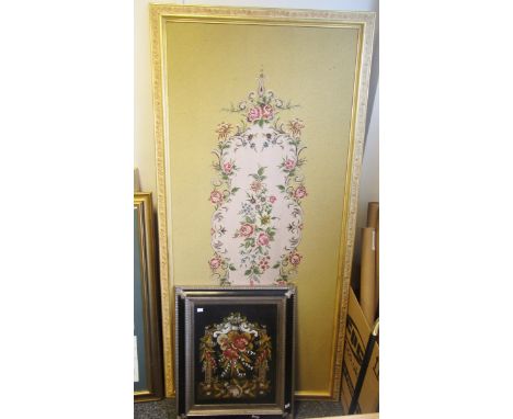 Two large woolwork tapestry panels&nbsp;decorated with flowers and a beaded woolwork in frame, largest frame 91cm x 184cm (3)