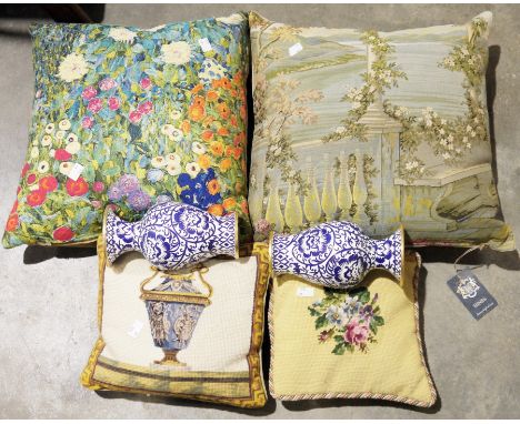 Assorted tapestry cushions&nbsp;and a box of various ceramic planters in red and black&nbsp;(2 boxes)&nbsp;