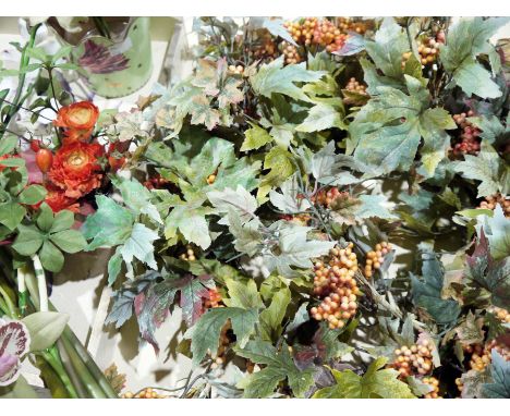 Large quantity of faux-flowers&nbsp;to include orchids, autumn berries, a pair of table posies, two decoupage plant holders w