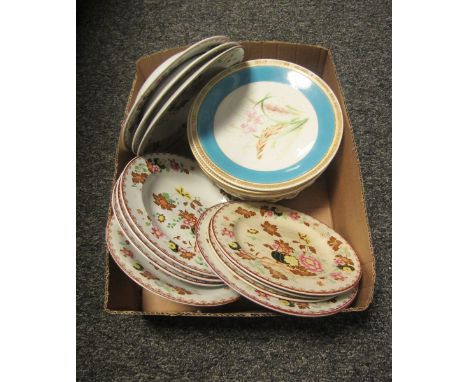 Collection of 19th century ceramics including a set of six hand decorated dessert plates, a collection of Ashworth plates and