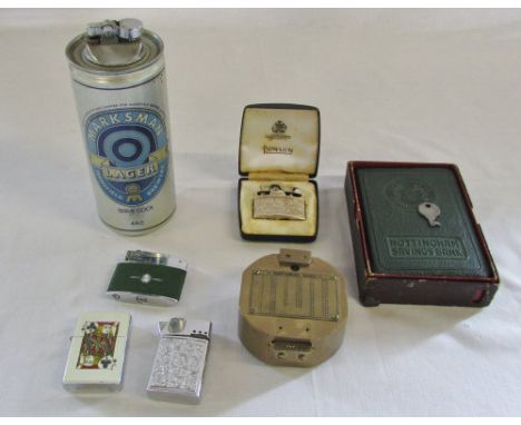 Nautical compass, Nottingham Savings Bank money box & various lighters