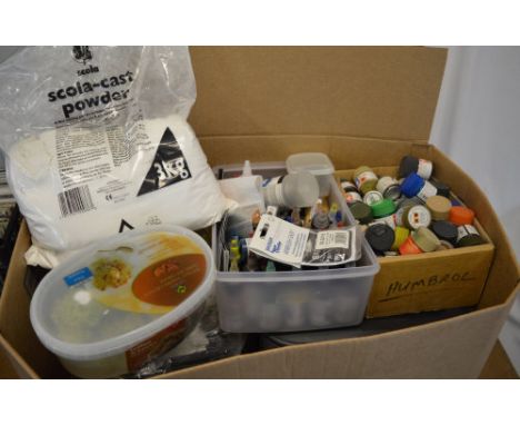 Large quantity of model making equipment including scenic accessories, airbrush paints, acrylic paints, 3KG Scola-Cast powder