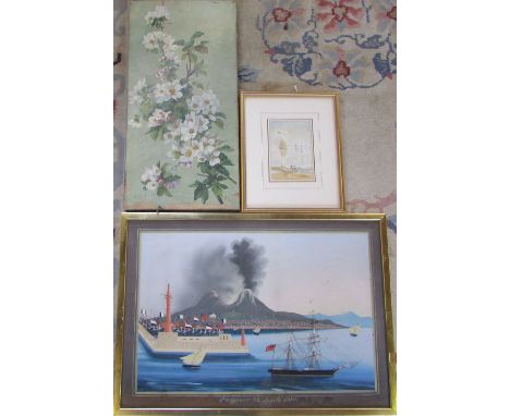 Watercolour seascape painting by Edith Firth, oil on canvas of apple blossom (af) & Italian gouache 'Erruption 24 April 1872'