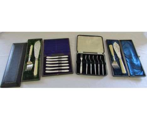 Cased silver plate fish servers & cased knives and forks with mother of pearl handles and silver cuffs Sheffield 1910