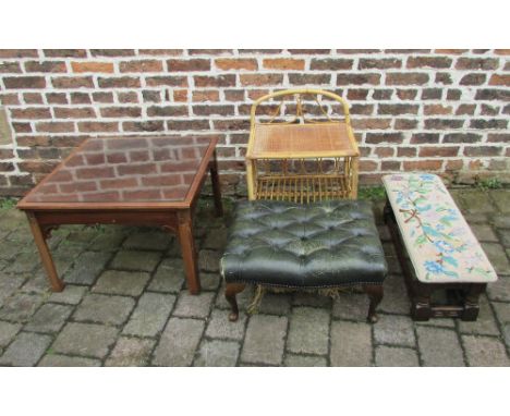 2 footstools, occasional table & wicker shelf unit