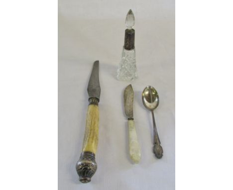 Silver collared glass perfume bottle (marks indistinguishable), silver knife with mother of pearl handle Birmingham 1926, sil