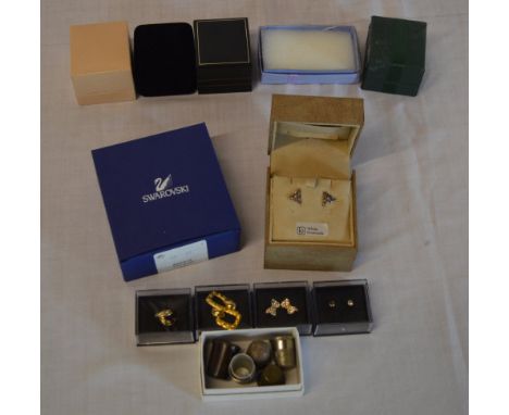 Various yellow metal earrings, thimbles, silver Celtic knot earrings with small diamonds, various jewellery boxes and a pair 