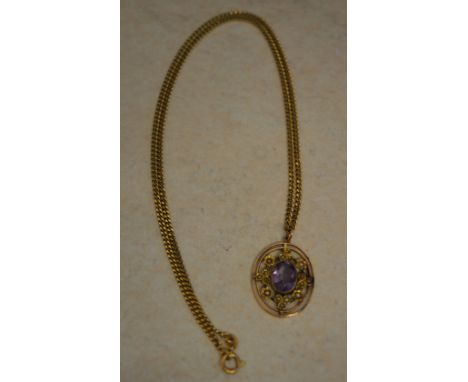 9ct gold amethyst and seed pearl pendant (some pearls missing) on an 18ct gold necklace, total approx weight 13.5g