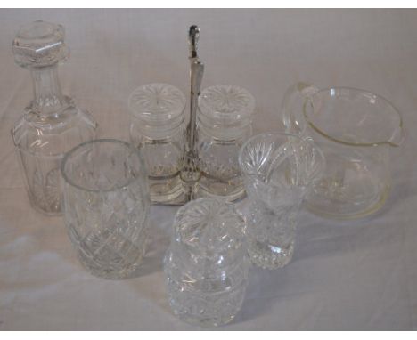Glass decanter, pickle condiment and various other glassware