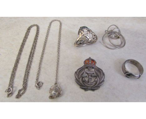 Silver buckle ring Chester hallmark, silver interlaced scarf ring marked 925, brooch marked silver,  earrings & necklaces etc