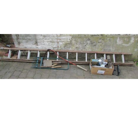 Assorted garden and DIY tools & a ladder