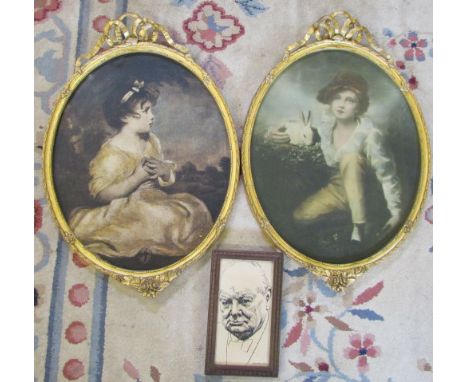 2 oval portrait prints in gilt frames & a Winston Churchill print