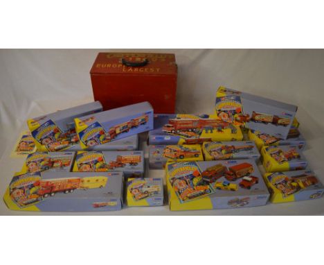 Large quantity of Corgi Classics Chipperfields Circus die cast model vehicles with boxes, and a custom painted small storage 