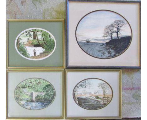 4 watercolours by Wendy Yelland 'Tractor Crossing', 'New Bridge', 'Plaister down in February' 34 cm x 29 cm & 'Winter Light' 
