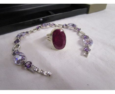 Silver bracelet set with amethyst coloured stones &amp; silver ring set with large oval ruby