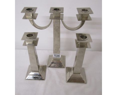 Archibald Knox style plated candelabra &amp; 2 candlesticks