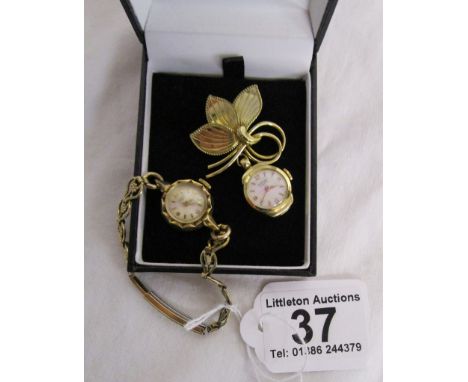 Nisus watch with 17 rubies attached to Floralia gold leaves brooch in separate box and ladies vintage wrist watch