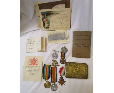 WWI trio of medals 'A H Greenfield' stationed in Hong Kong, 1914 Christmas Queen Mary tin & ephemeraArmy Ordnance Corps     S