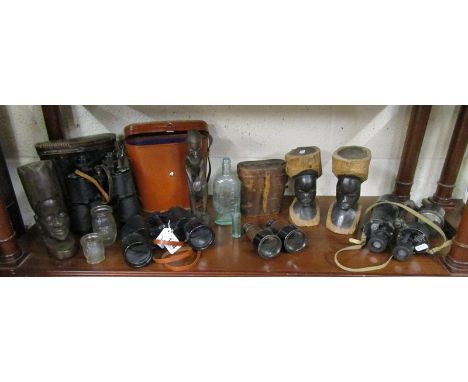 Shelf of collectables to include 4 sets of binoculars