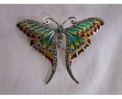 Champlevé enamel &amp; silver butterfly brooch