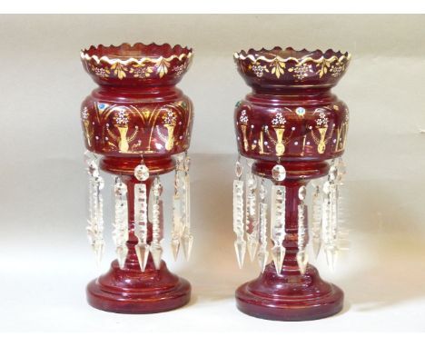A pair of Victorian ruby glass lustres, with gilt and enamel decoration, 32cm