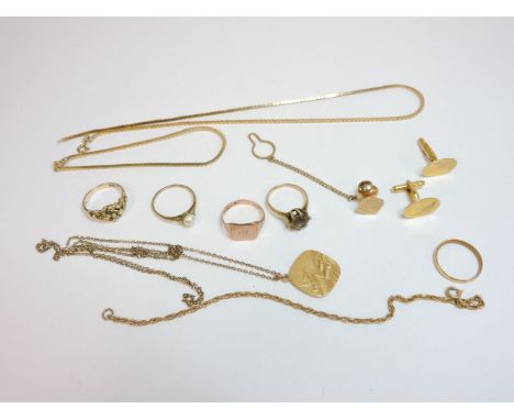 A plain wedding ring, tested as approximately 18ct gold, a pair of 9ct gold cufflinks, three 9ct gold rings, a cultured pearl