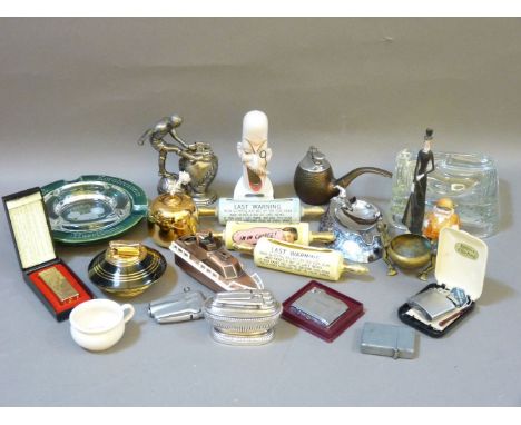 Various novelty ceramic ashtrays, and novelty lighters, including Ronsons, Calibri, etc