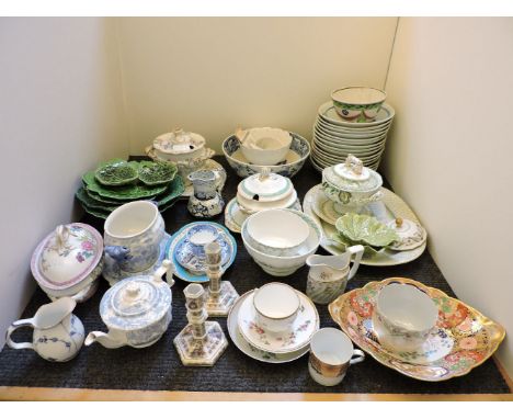 Various pottery, including green leaf moulded plates, sixteen modern Chinese blue and white bowls, an oval Spode platter, pat