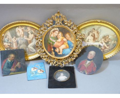 Two 19th century oils on tin of an officer and a priest, a French enamel plaque, a printed portrait of a young girl, 18-10.5c