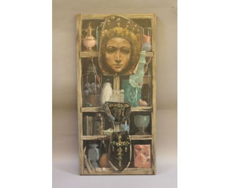 Deborah Jones (1921-2012)A STUDY OF A SHELF OF OBJECTSSigned and dated 1964, in Roman numerals78.5 x 38.5cm